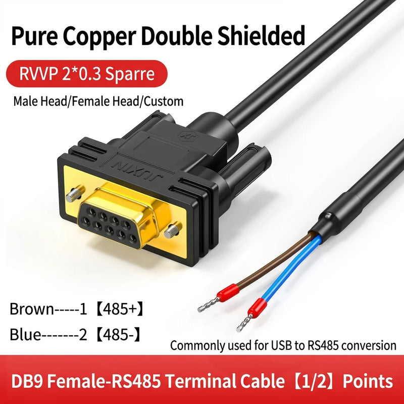 DIVEDEER DB9 Serial Cable RS232 RS485 Adapter Cord 3-Core 235 Terminal Wire 9-Pin COM Port Connector Single-End Male & Female