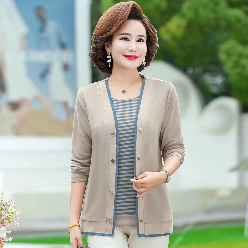 អាវយឺតដៃវែងប៉ាក់សម្រាប់ស្ត្រីវ័យកណ្តាល 2 ឈុត រដូវផ្ការីក រដូវស្លឹកឈើជ្រុះ សម្លៀកបំពាក់ម្តាយ Camisetas Mujer