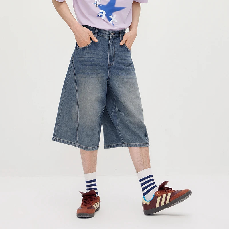 Semir Denim Shorts Men 2026 Summer Wide Leg Washed Vintage Faded Urban Street Style Cropped Knee Length