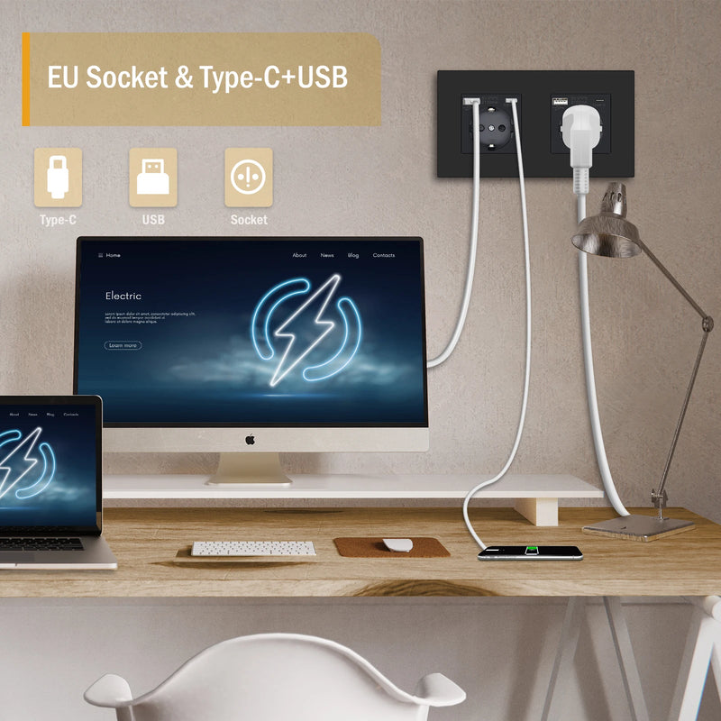 BSEED EU Button Switches With Power Socket 1/2/3Gang 1Way Electrical Outlets With USB Type-C Wall Socket 16A Plastic Panel