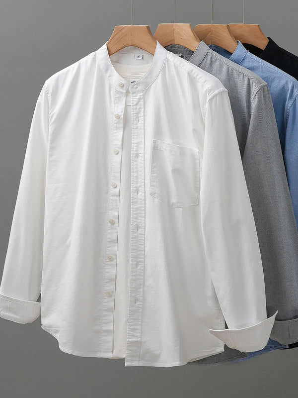 DUKEEN 100% Cotton Oxford Collarless Shirts for Men Spring and Autumn Casual Plain Long-Sleeve Blouse Men's Clothing White