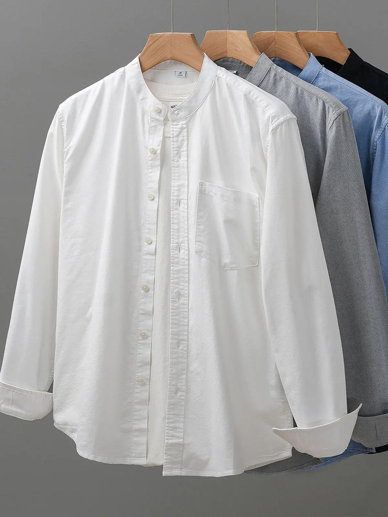 DUKEEN 100% Cotton Oxford Collarless Shirts for Men Spring and Autumn Casual Plain Long-Sleeve Blouse Men's Clothing White
