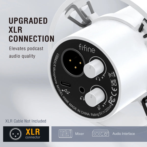 មីក្រូហ្វូន FIFINE ឌីណាមិក USB/XLR ជាមួយប៊ូតុង Gain/បិទសំឡេង/រន្ធដោតកាស មីក្រូហ្វូនថតសំឡេងសម្រាប់ស្ទ្រីមកាតសំឡេងកុំព្យូទ័រ-K688W ពណ៌ស