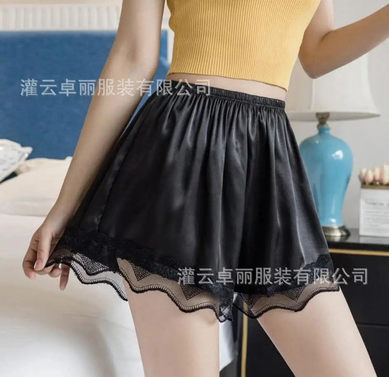 Lotus Leaf Edge Anti-light Leggings Safety Pajama Pants Women's Three-point Pants One Piece Hair-proof Silk Sleepwear Bottoms