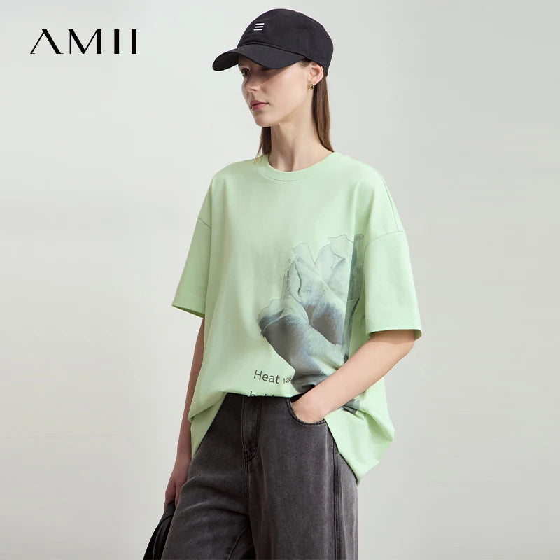 អាវយឺត AMII រដូវក្តៅបោះពុម្ពសម្រាប់ស្ត្រីឆ្នាំ ២០២៥ អាវកមូលដៃខ្លីធម្មតាសម្រាប់ស្ត្រីម៉ូដថ្មីស្មាទម្លាក់អាវរលុង 12522006