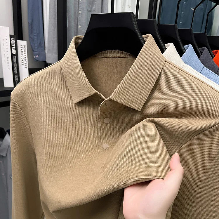 Men's Premium Long Sleeve Polo Shirt - Mercerized Pique Cotton, Seamless Collar and Cuff Design (12 Colors Available)