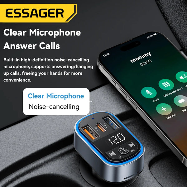 ឧបករណ៍បញ្ជូន Essager FM Bluetooth5.3 35W USB Type-C រន្ធពីរ PD QC ឆ្នាំងសាករថយន្ត Aux វិទ្យុ MP3 ម៉ាស៊ីនចាក់តន្ត្រីសម្រាប់កាត TF/ដ្រាយ USB