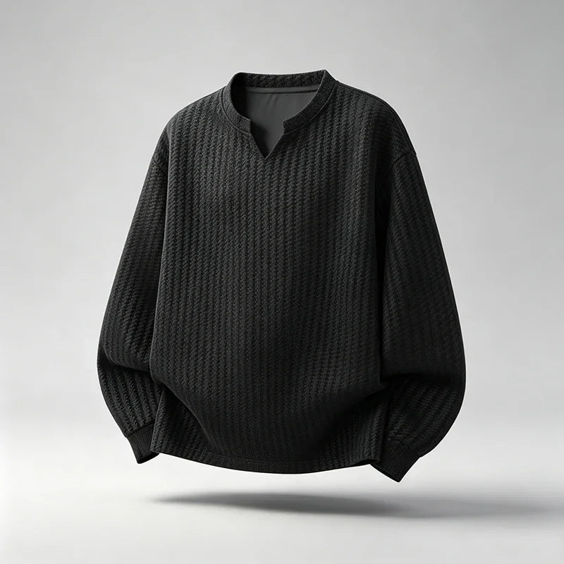 Men Casual Textured Knit Long Sleeve Tee V Notch Collar Vertical Stripe Oversized Fit Male Streetwear Top