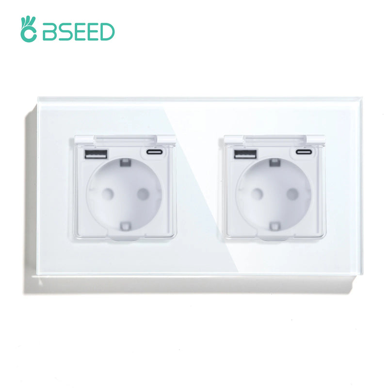 BSEED EU Standard Single Power Socket With Waterproof Cover Double USB Type-C Outlets Triple Plugs 16A Glass Panel 110-250V