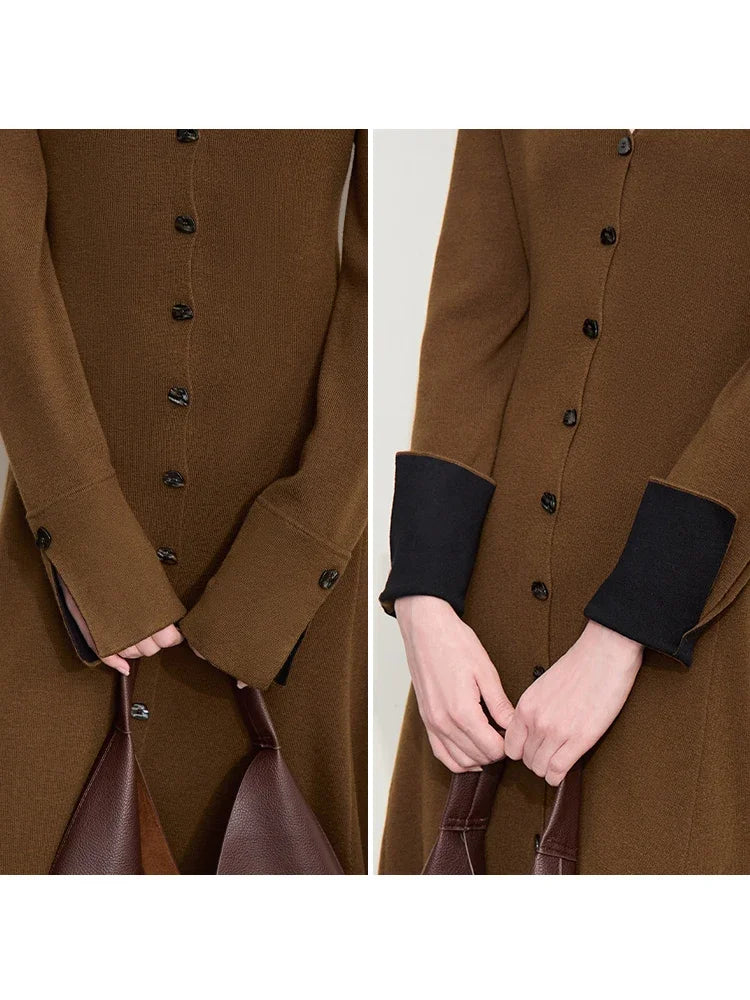 Amii Minimalism 2026 Dress for Women Autumn New Office Lady V-neck Contrast Color Slim Waist A-line Solid Knit Dresses 12443083