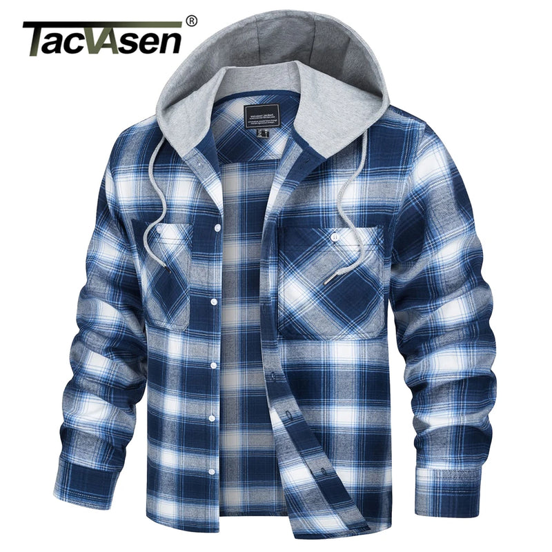 TACVASEN Men's Flannel Long Sleeve Hoodie Plaid Shirts Lightweight Cotton Button Down Casual Shirts with Pocket 2026 New Fashion
