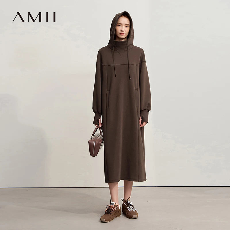 Amii Sweatshirt Dress Woman 2026 Winter New Loose Long Hooded Womens Dresses Cotton Pullover Casual Knit Sweater Dress 12544176