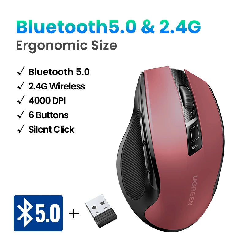 UGREEN Ergonomic Mouse 2.4G Wireless Bluetooth 5.0  4000DPI Silent Mouse  for PC MacBook Tablet Laptop Mouse