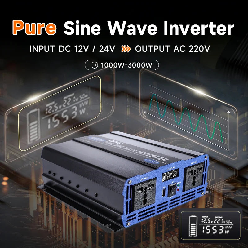 ឧបករណ៍បម្លែងភ្លើង GEYA Pure Sine Wave Car Power Inverter DC 12V ទៅ AC 220V រន្ធដោត EU ជាសកលសម្រាប់ RV, ឡានដឹកទំនិញ, គ្រឿងបន្ថែមរថយន្តដើរដោយថាមពលព្រះអាទិត្យ
