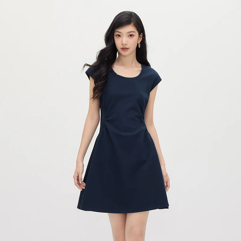 Semir Women Dress U Neck Solid Color Ruched Short Sleeve Minimalist Design Mini 2026 Summer Casual Fashion Top