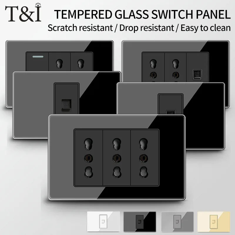 T&I Wall Switch Sockets With USB TypeC  Fast Charging, Italy Socket , Chile Schuko Outlet, Tempered Glass Panel for Home