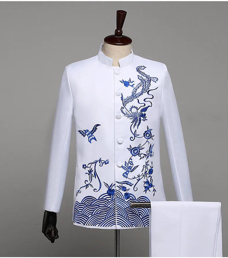 Chinese-style Men's Two-piece Suit Set Featuring A Jacket with Gold Embroidery and Matching Pants, Available in Red,White,Black.