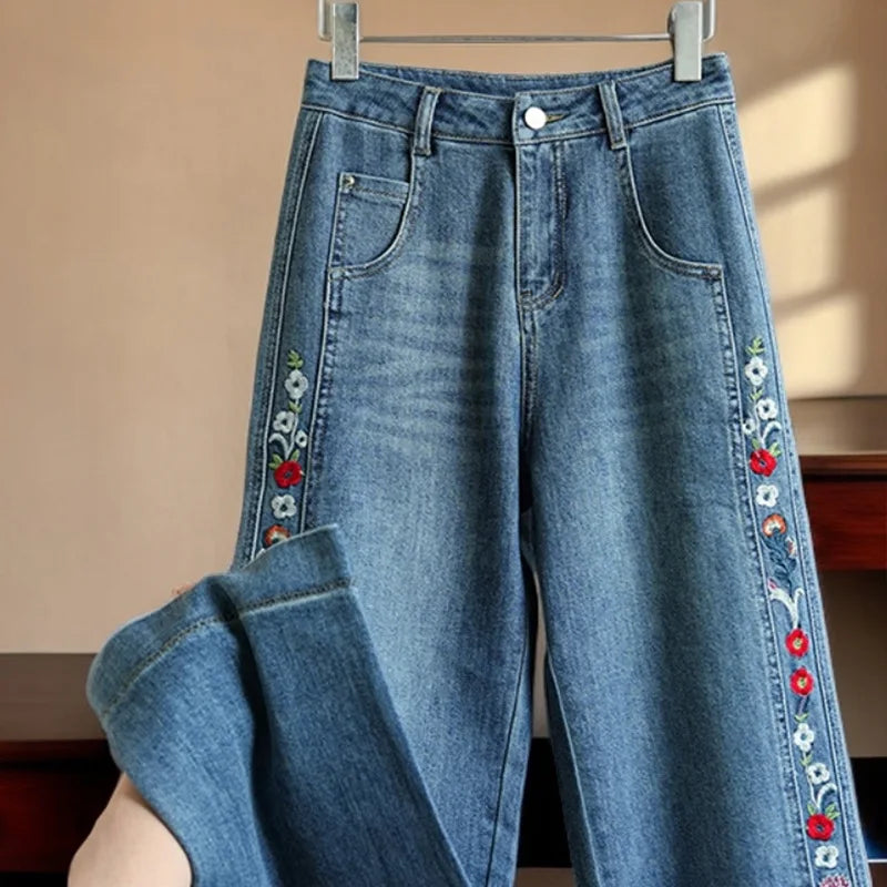 New Fall Women's Blue Wide-Leg Jeans with Embroidery, Asian Sizes, Denim Pants. 2026-2027