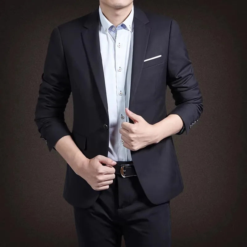 Men's Red Suit Jacket in Asian Sizes; Slim-fit Blazer for Weddings, Parties, and the Office; Available in Blue, Black, Gray.