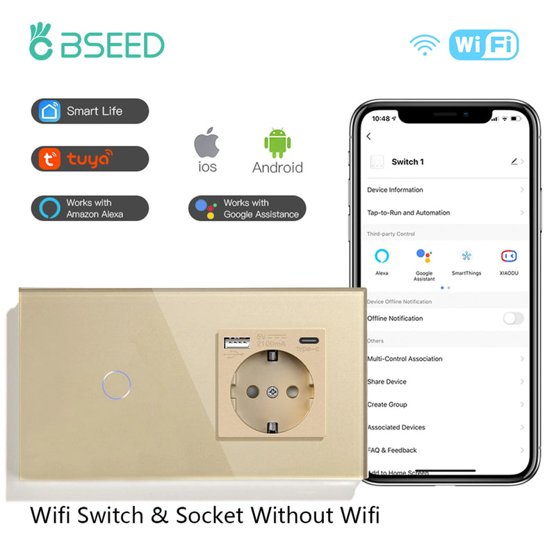 BSEED EU Standard Smart WiFi Light Switch 1/2/3 Gang 1/2/3 Way Touch Wall Switch & Socket Outlet Works with Google Home Alexa