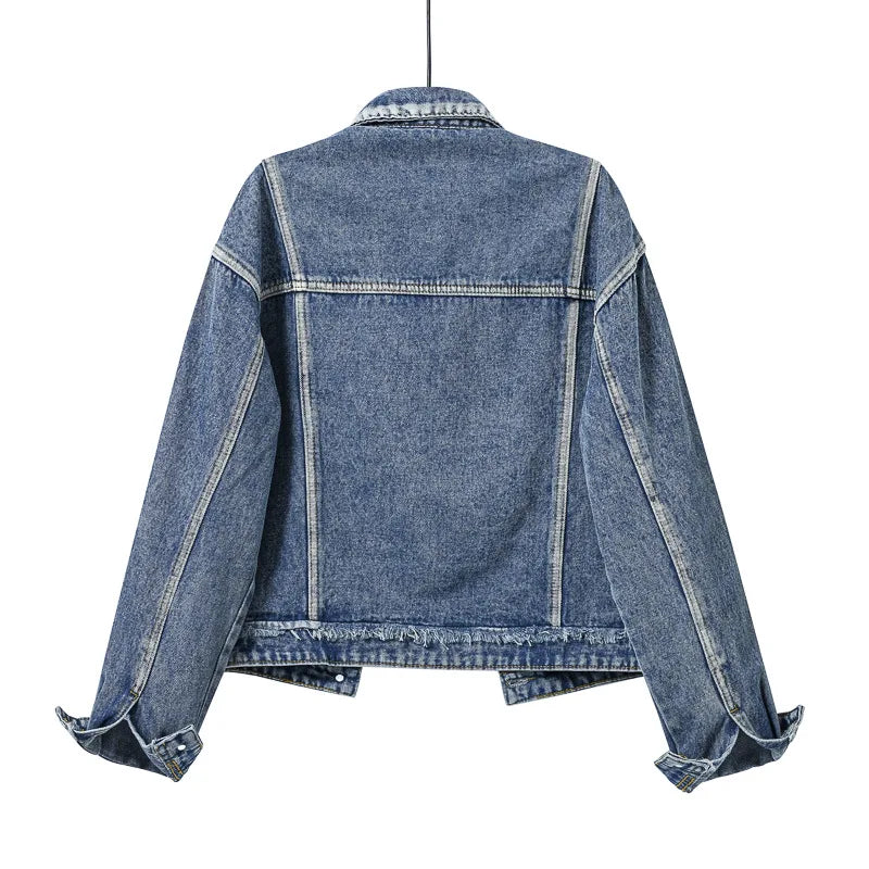 2026 New Women's Blue Denim Jacket, Single-breasted Lapel Long-sleeved Coat, Fashion Casual Female Tops