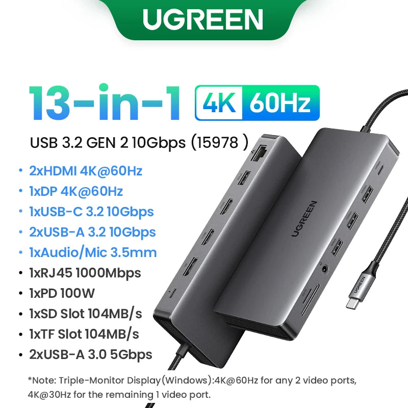 UGREEN 13-in-1 USB-C HUB Triple Monitor Extend 4K 2xHDMI 1xDP 10Gbps USB3.2 PD100W SD/TF RJ45 Dockingfor Windows Laptop HP Dell