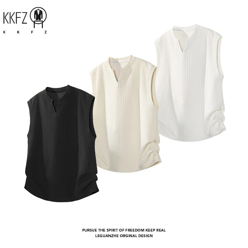 Mens Vertical Ribbed Knit Sleeveless Vest Notched Collar Oversized Cutting Suitable For Vacation Dating And Casual Scenes