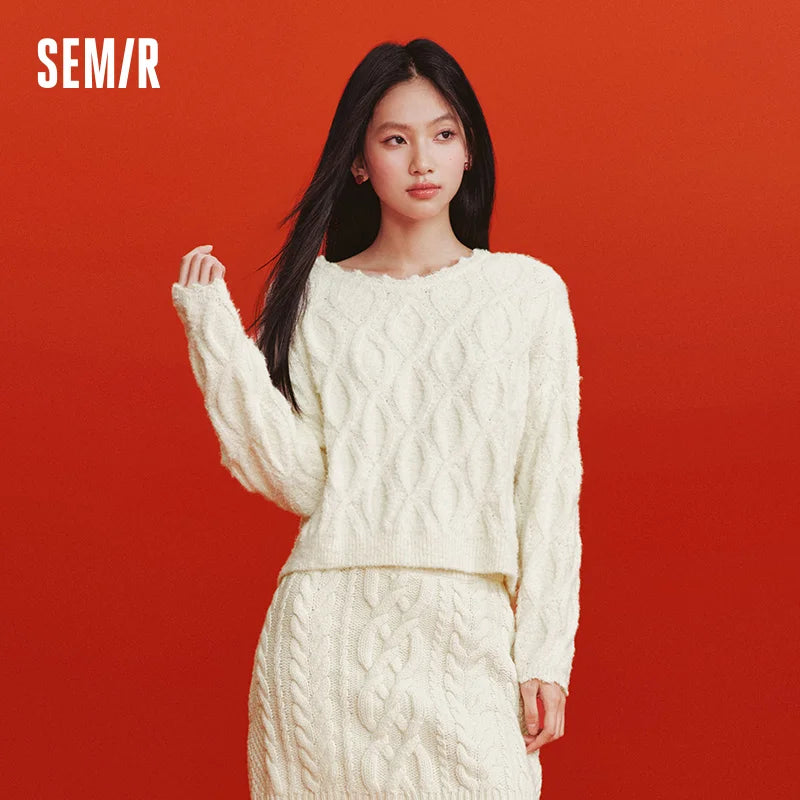 Semir Red Sweater Women 2026 Spring Short Cable Knit Ruffle Loose Slouchy New Year Style Casual Fashion Pullover Top