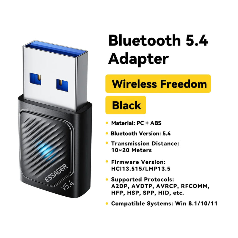 Essager USB Bluetooth 5.4 5.3 Dongle Adapter for PC Bluetooth Receiver & Transmitter for Bluetooth Keyboard/Mouse Drive Free 20M