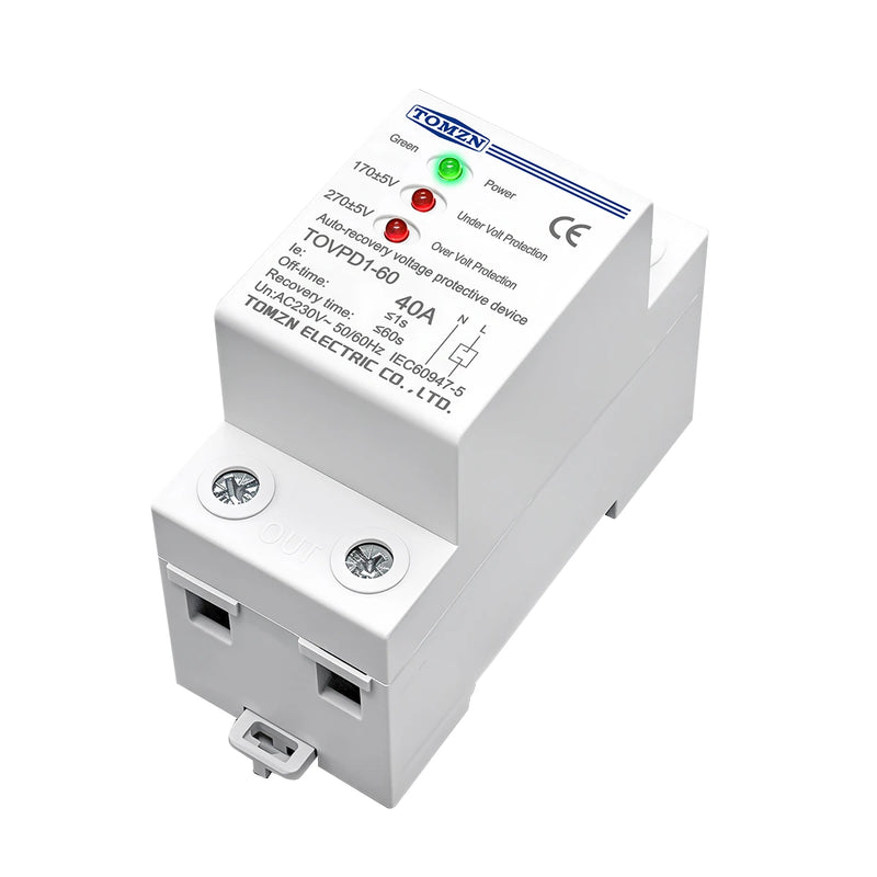 TOMZN 40A 230V Din Rail 3 LED Automatic Reconnect Over Voltage And Under Voltage Protective Device Protector Protection Relay