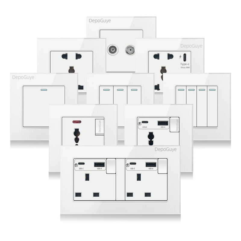 UK Standard 18W Type-C Fast Charging Universal Dual 3pin Power Outlet,White Tempered glass Wall light Switch Panel  For Home