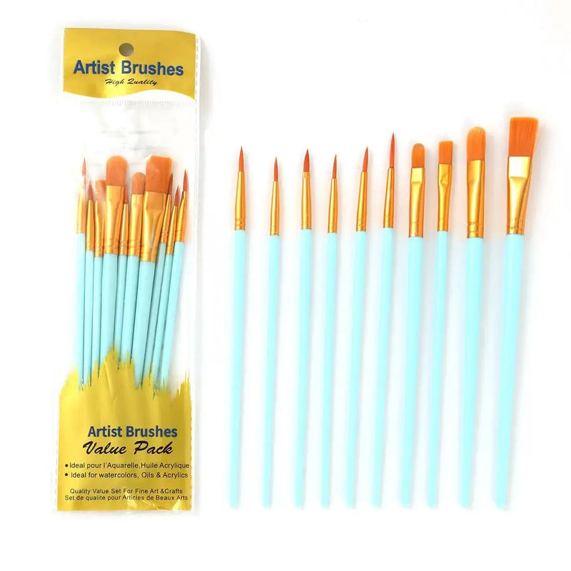 10 Pcs Nylon Hair Paint Brushes Set, Pearl Plastic Handle Watercolor Oil Acrylic Painting Brush for Students Beginners