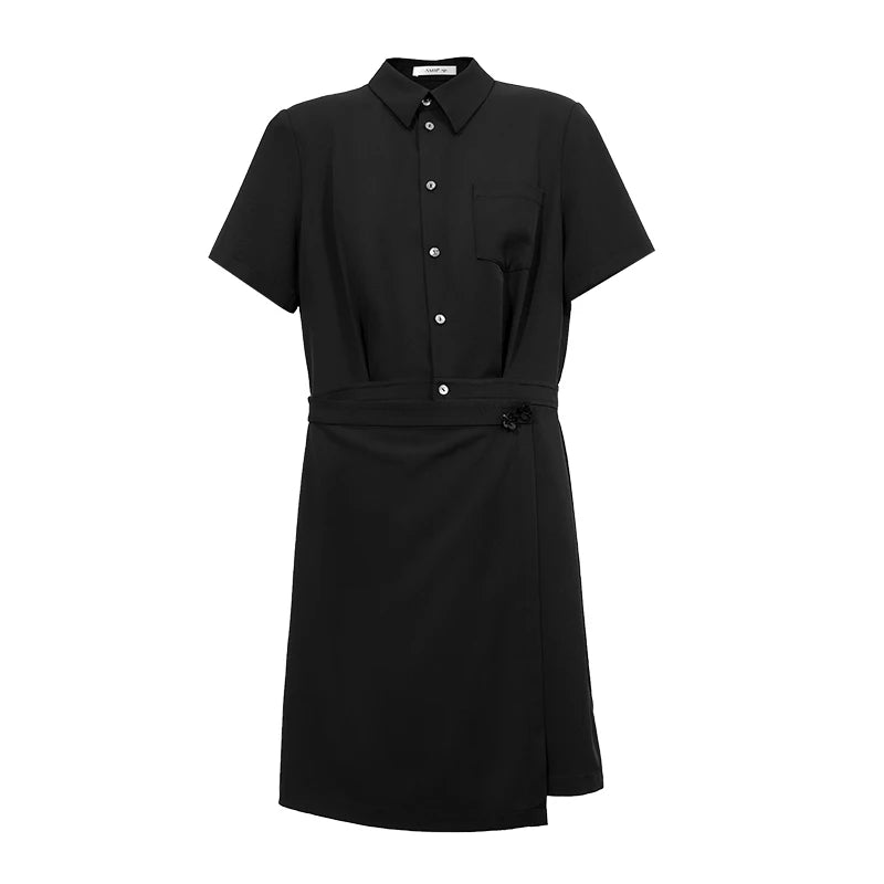 Amii Women's Casual Dresses 2026 Summer New Lapel Collar Half Placket Short Sleeve Panel Office Midi Dress For Women 12642177