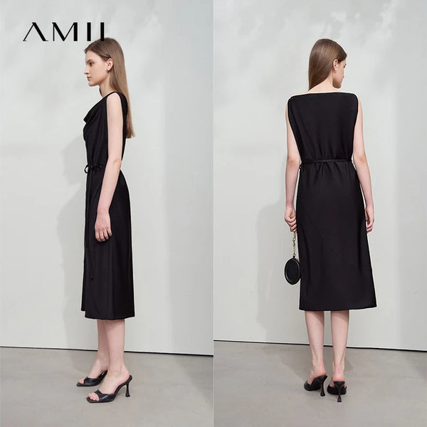 AMII Minimalism Summer Dress 2026 Thin Belt Swing Neck Dress Elegant Sleeveles Eveing Black Midi Dresses Women Clothing 12542150