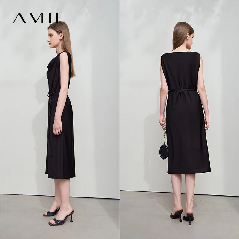 AMII Minimalism Summer Dress 2026 Thin Belt Swing Neck Dress Elegant Sleeveles Eveing Black Midi Dresses Women Clothing 12542150