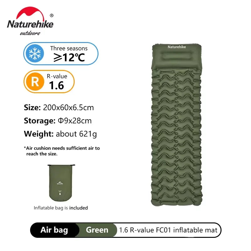 Naturehike FC01 1.6R Value Sleeping Mat Lightweight Inflatable Cushion Outdoor Portable Moisture-proof Pad Wider Tent Mattress