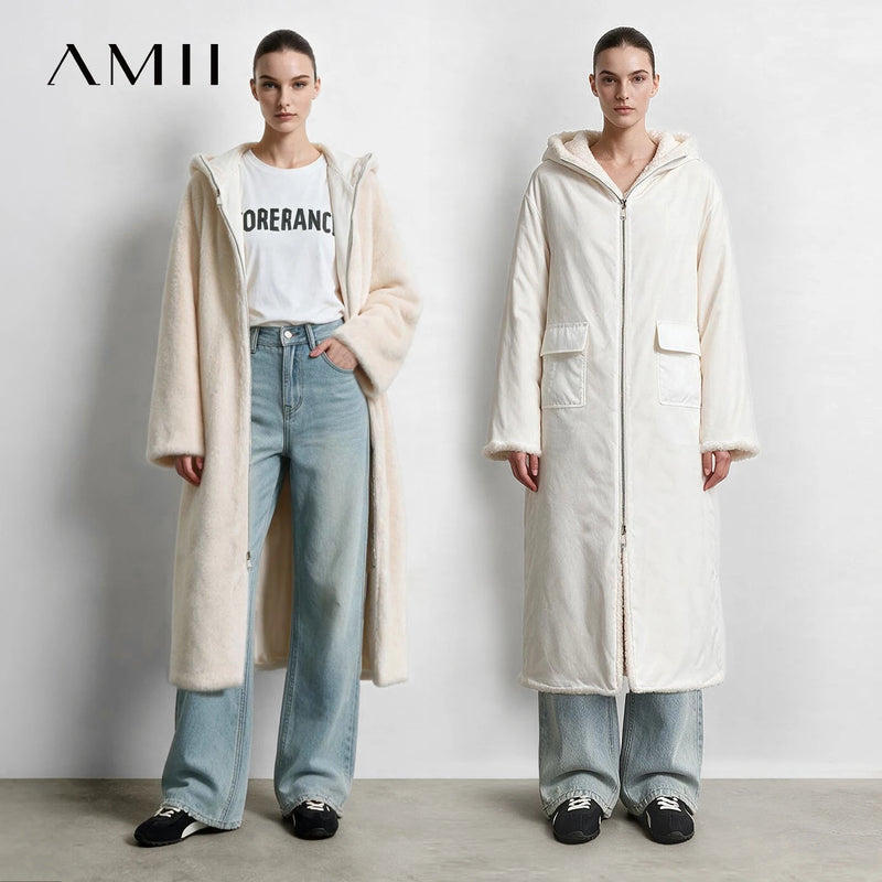 Amii Reversible Faux Fur Parka Coat for Women Hooded Loose Two Faced Long Jackets 2026 Winter Warm Coats Women's Jacket 12654013