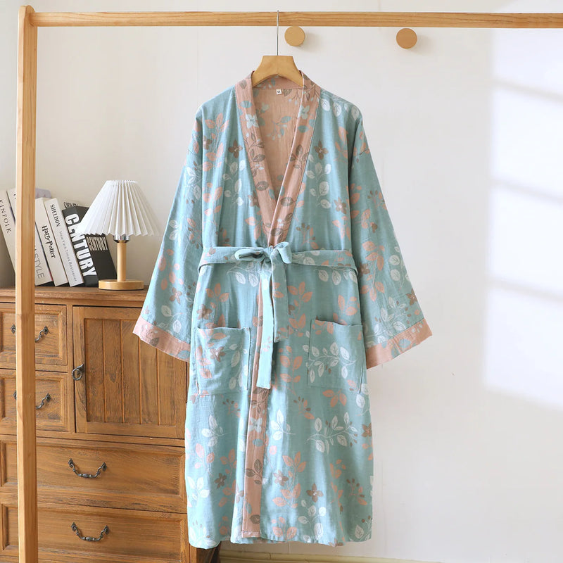 Kimono Robes Women Comfortable Home Bathrobe Spring Autumn Women's Sleeping Robe 100% Cotton Gauze Floral Printed Home Wear