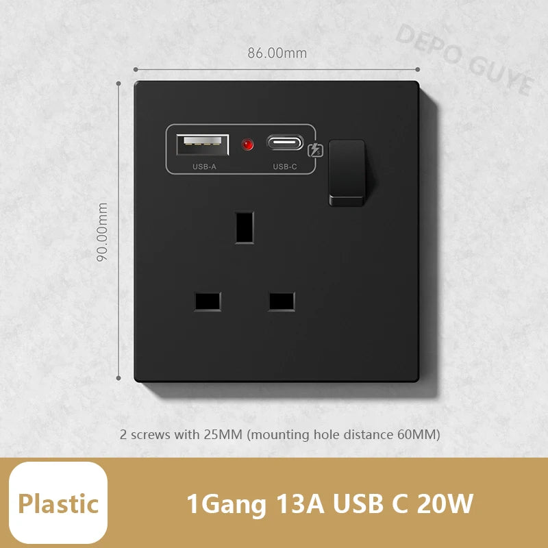 Universal 20W Type-C Wall Quick charge Socket,Dual Switch control Universal Power outlet,White UK Standard USB Interface Socket