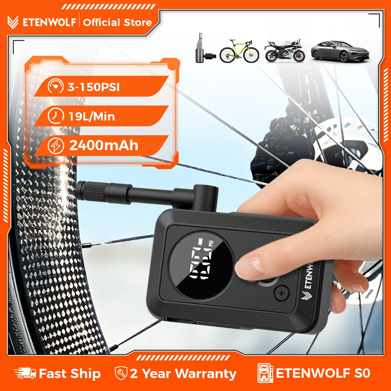 អេក្រង់ឌីជីថល ETENWOLF S0 ថ្មី និងបូមខ្យល់បានលឿន ស្នប់ខ្យល់ឥតខ្សែ 150PSI ជាមួយថ្ម 2400mAh សម្រាប់កង់ សំបកកង់រថយន្ត និងបាល់