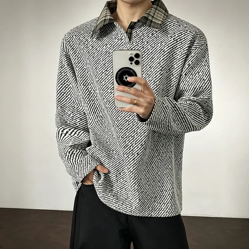 Mens V Neck Corduroy Pullover With Plaid Lapel Collar Long Sleeve Diagonal Texture Loose Casual Autumn Top