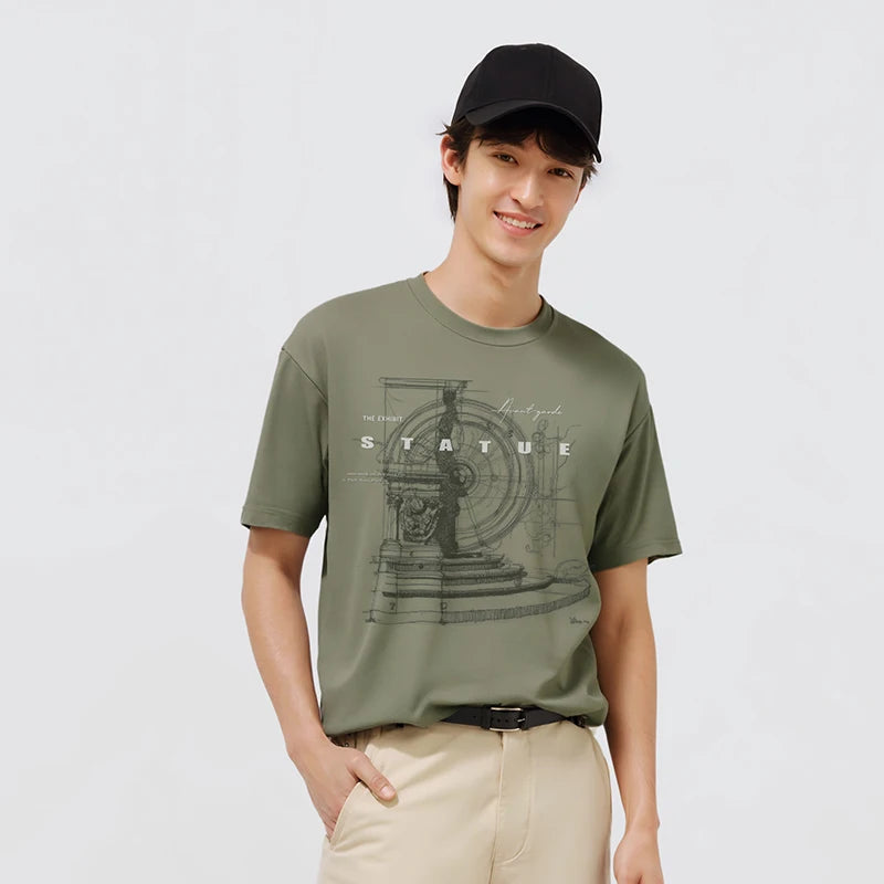 Semir Mens Tshirt 2026 Retro American Printed Knitted Slightly Loose Crew Neck Casual Fashion Soft