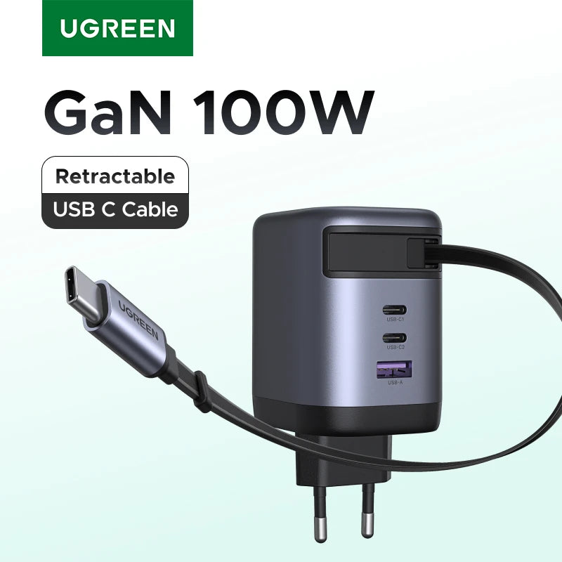 UGREEN 100W GaN Charger With Retractable USB C Cable UFCS PPS For Laptop Macbook Pro iPad Tablet iPhone Samsung PD Fast Charger