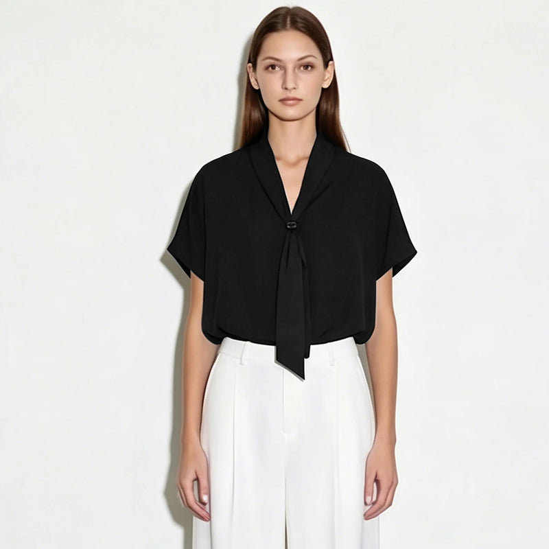 Amii Women's Elegant Blouses 2026 Summer New Patchwork Dolman Sleeve Chiffon Top Tie Neck Loose Casual Women's Clothing 12612016