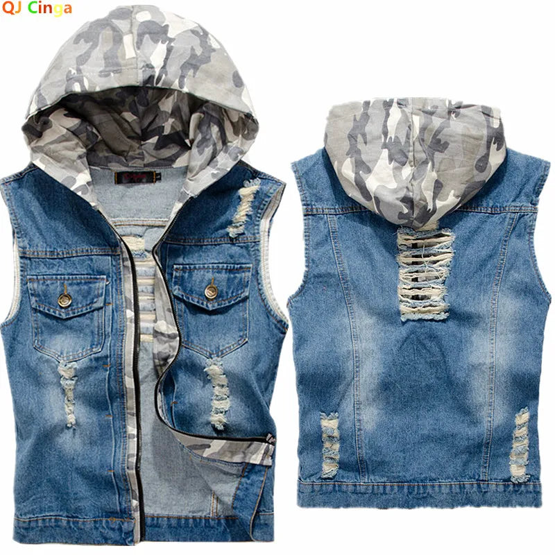Men's Sleeveless Hooded Denim Jacket for Spring and Fall; Blue Single-breasted Distressed Vest; Asian Sizes M–5XL.