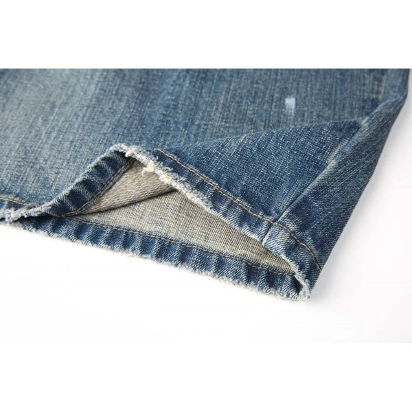 Men's Trendy Curved Hem Jeans – Unique Arc Shape Denim Pants with Splatter Paint Detail, Casual Loose Fit Streetwear (Blue)