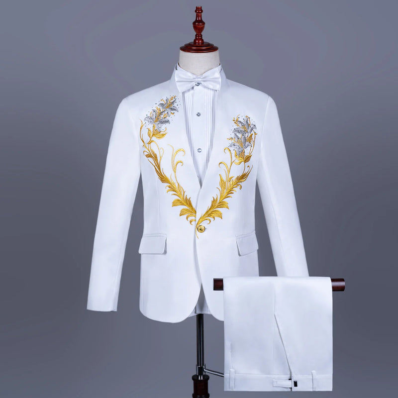 Men's Black Two-Piece Suit Set: a Slim-fit Embroidered Jacket for Weddings and Parties, Paired with Slacks; Asian Sizes.