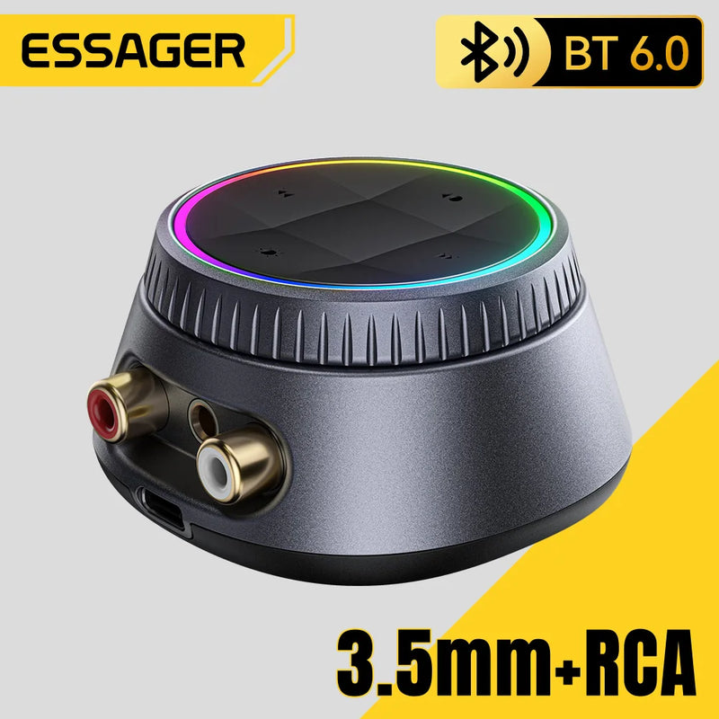 ឧបករណ៍ទទួលសំឡេង Essager Bluetooth 6.0 3.5mm RCA Music Wireless Adapter ជាមួយភ្លើង RGB សម្រាប់ទូរស័ព្ទ NFC Android សម្រាប់ឧបករណ៍បំពងសម្លេងរថយន្ត