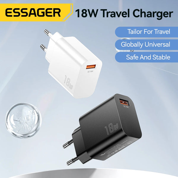 Essager 18W QC3.0 USB A Charger USB Quick Charge 3.0 Fast Wall Charger for Samsung S24 Huawei Xiaomi iPhone Mobile Phone Charger