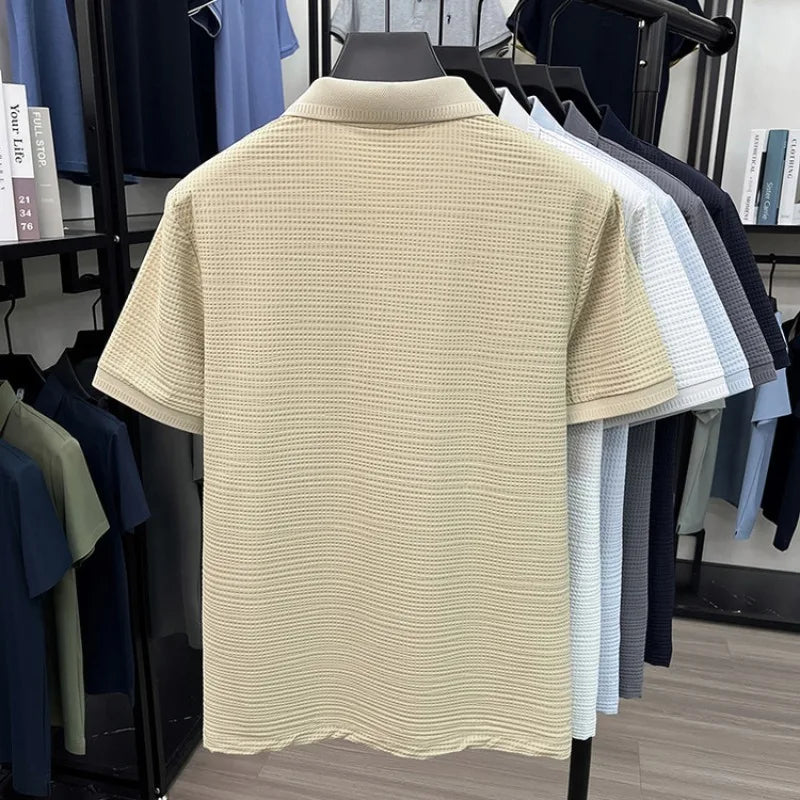 2026 Men's Waffle Knit Polo Shirt - 3D Textured Lapel, Quick Dry & Stretchy, Business Casual Style